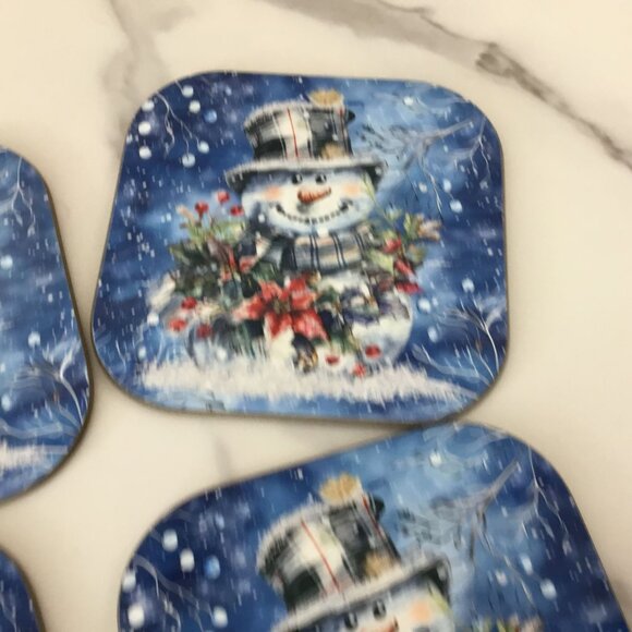 Snowman Hardboard Coasters Plaid Top Hat, Wintery Blue Background Set of 4 - Picture 4 of 7